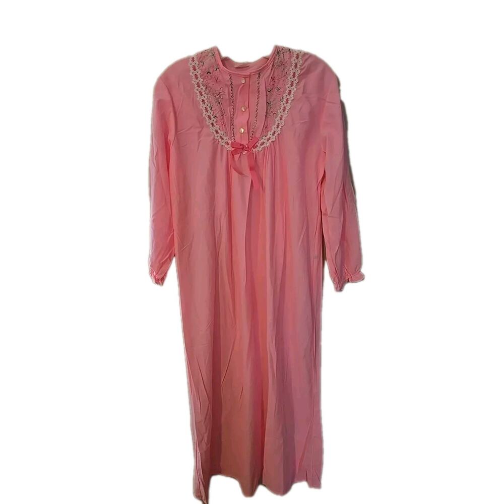 Vintage Pink Embroidered Floral Henley Long Sleeve Nightgown Womans Size Large